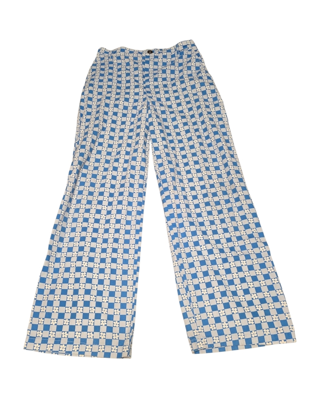 Wild Fable Blue & White Floral Check 100% Cotton Wide-Leg Pants Size Small